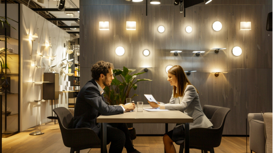 Two people sitting at table in large room