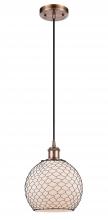  516-1P-AC-G121-8CBK - Farmhouse Chicken Wire - 1 Light - 8 inch - Antique Copper - Cord hung - Mini Pendant