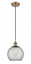  516-1P-BB-G122-8CBK - Farmhouse Chicken Wire - 1 Light - 8 inch - Brushed Brass - Cord hung - Mini Pendant