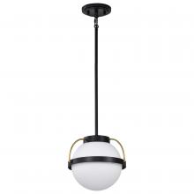  60/7773 - Lakeshore 1 Light Small Pendant; Matte Black & Natural Brass Finish; White Opal Glass